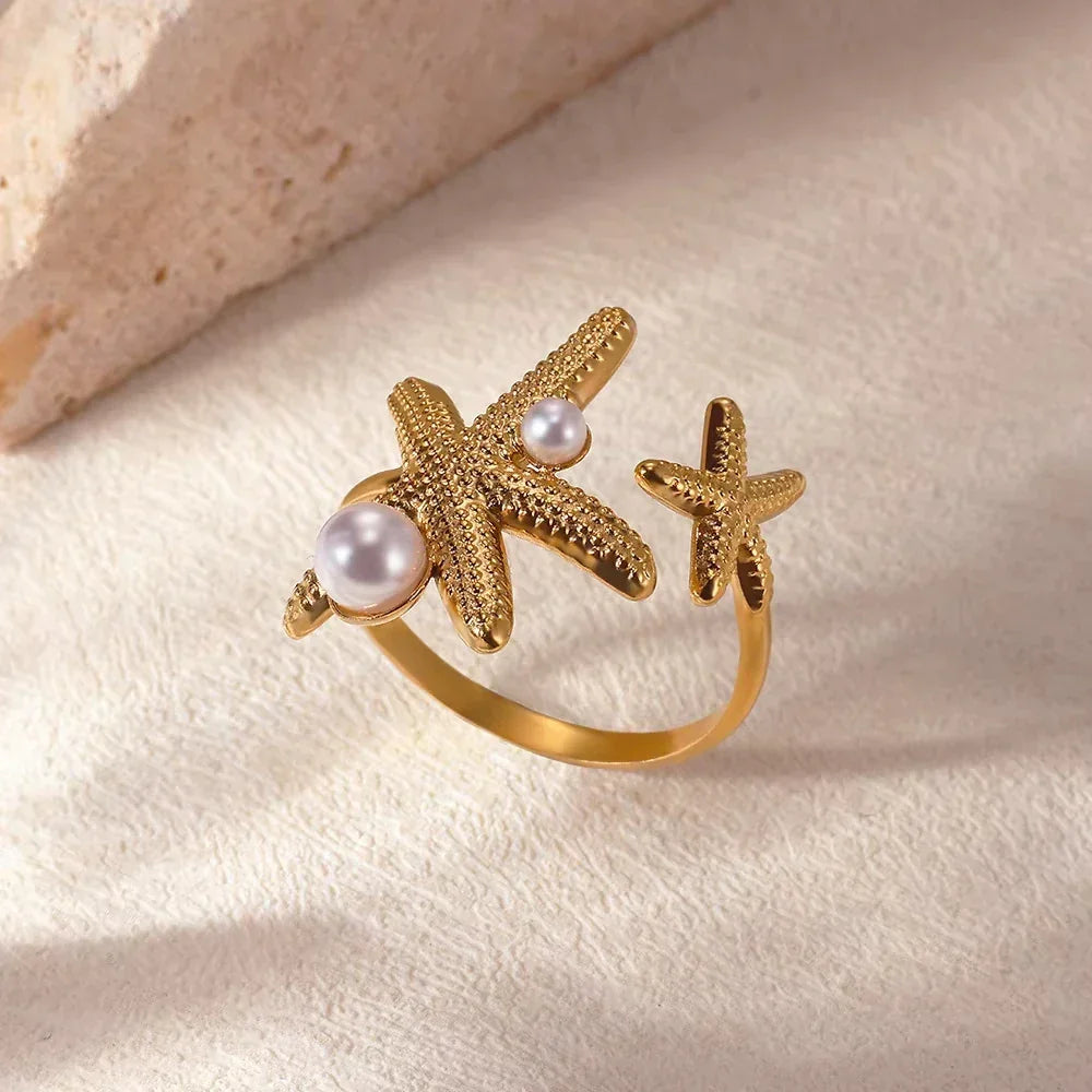 Gold Ocean Starfish & Shell Open Ring - Piña Colada