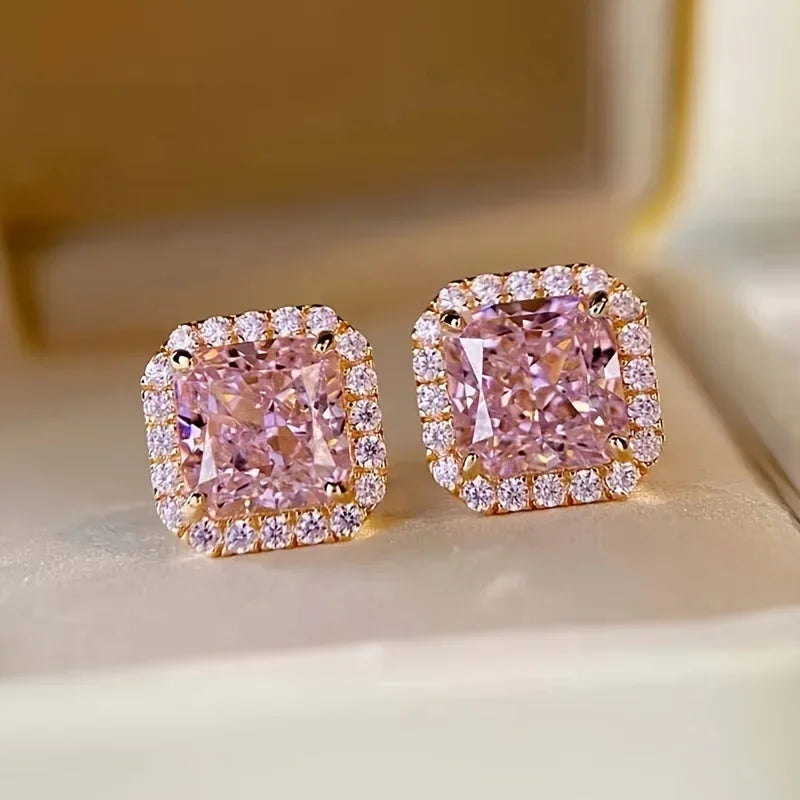 Square Pink Zircon Stud Earrings - Piña Colada