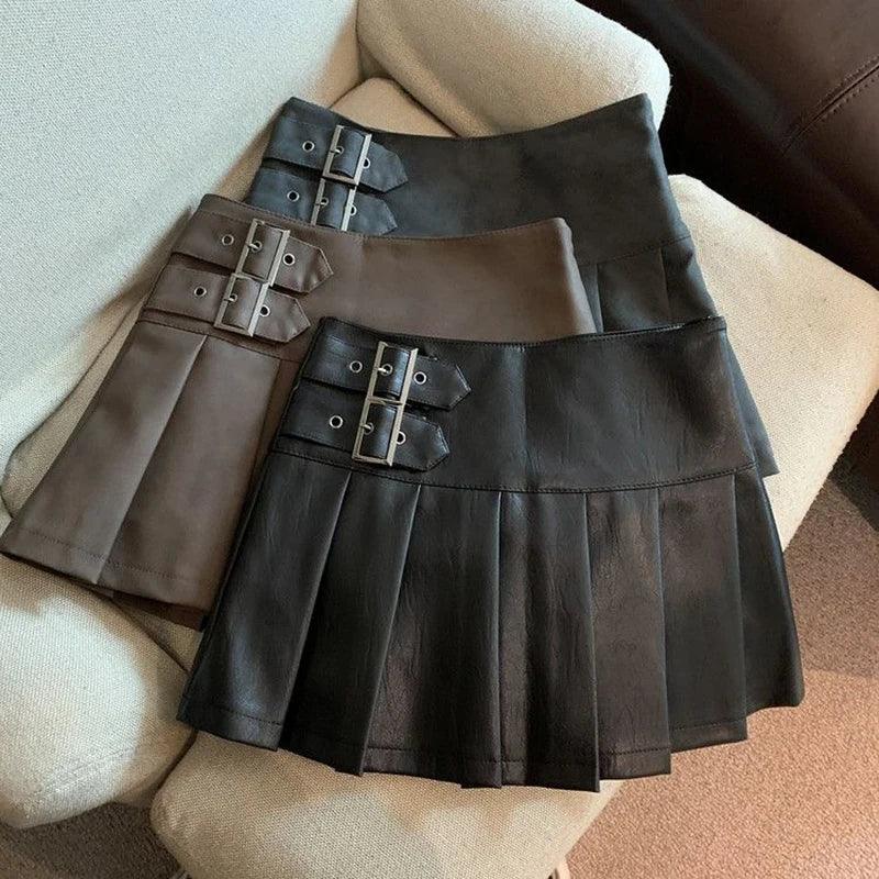 Leather Mini Skirts High Waist Pleated - Piña Colada