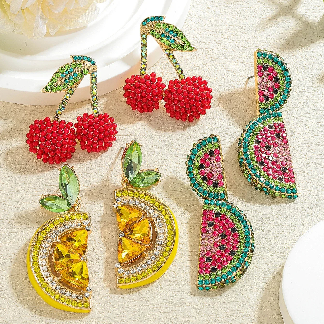 Boho Fruit Stud Earrings – Rhinestone Beaded Watermelon, Cherry, Lemon & Peach Summer Jewelry - Piña Colada