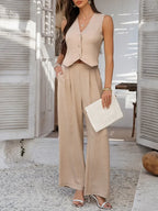 Summer V-Neck Button Crop Top & Wide-Leg Pants Set - Piña Colada