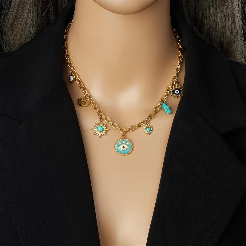 Stainless Steel Turquoise Eye Pendant - Piña Colada