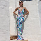 Chic Print Sling Long Dress Women Sleevless Backless - Piña Colada