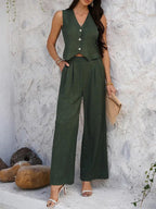 Summer V-Neck Button Crop Top & Wide-Leg Pants Set - Piña Colada