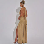 Halter Backless Silk V-neck Dress - Piña Colada