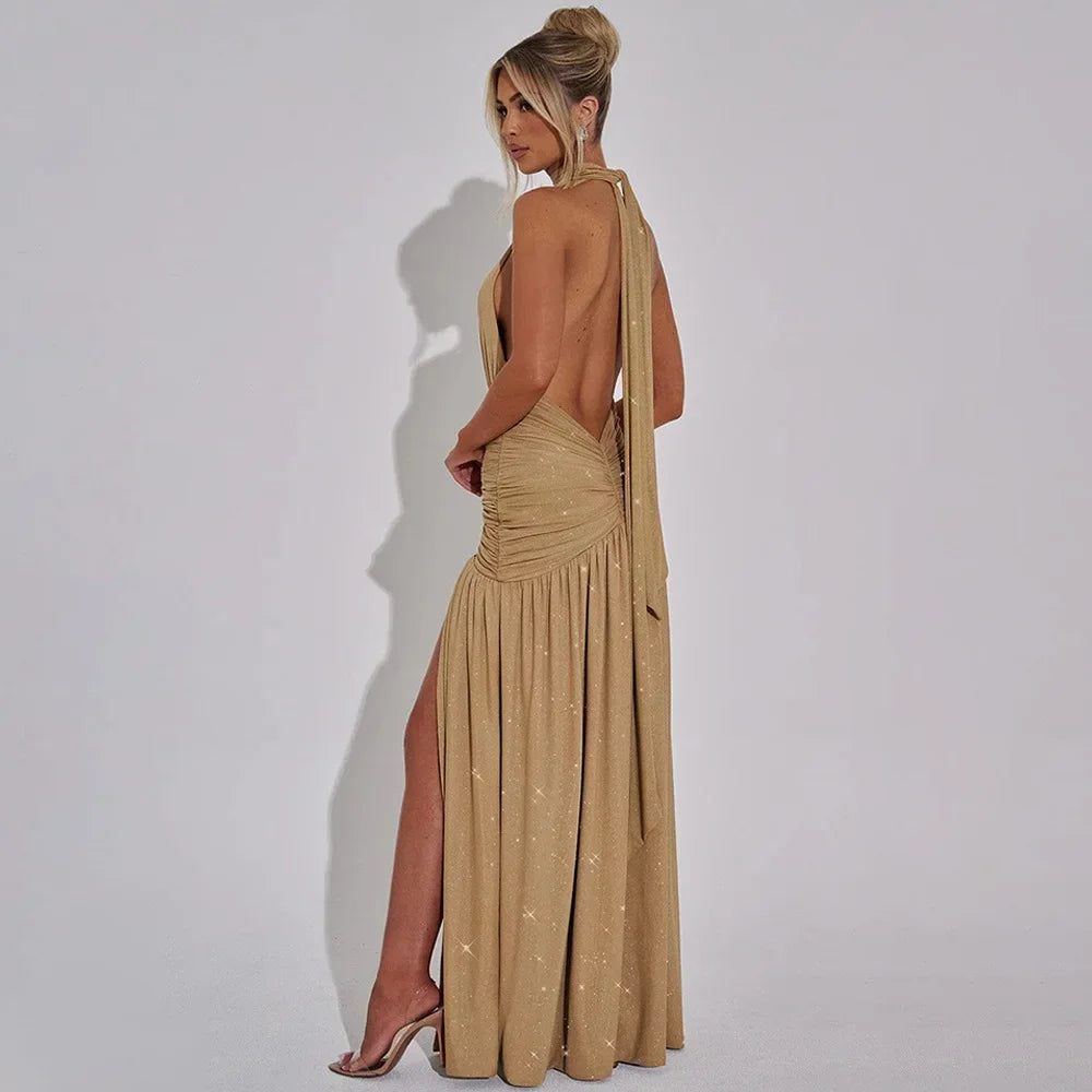 Halter Backless Silk V-neck Dress - Piña Colada