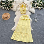 Ruffled Halter Top & Long Skirt Set - Piña Colada