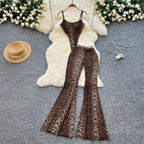 Leopard 2pcs Suits Women Tops+Elastic Waist Flared Pants - Piña Colada