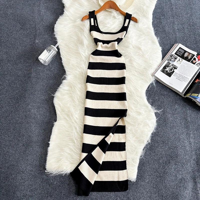 Stripe Summer Elastic Split Bodycon Dress - Piña Colada