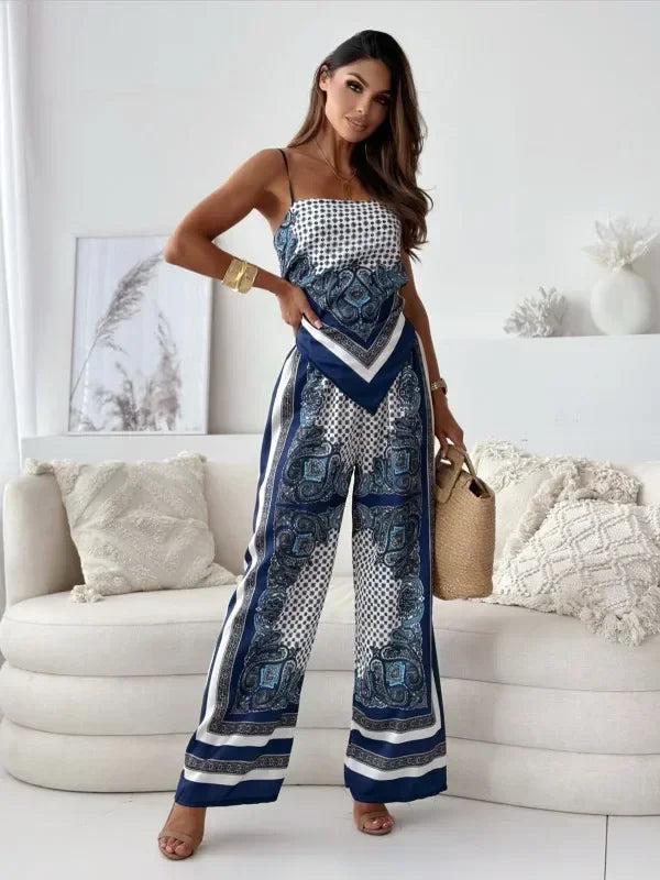 Satin Print Lace-Up Top & Wide-Leg - Piña Colada