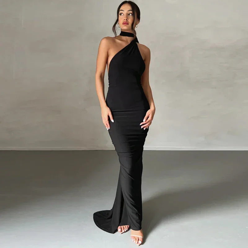 One Shoulder Backless Adjustable Scarf Maxi Dress - Piña Colada