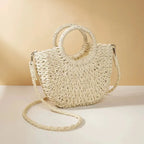 Straw Rattan Half-Moon Beach Handbag - Piña Colada