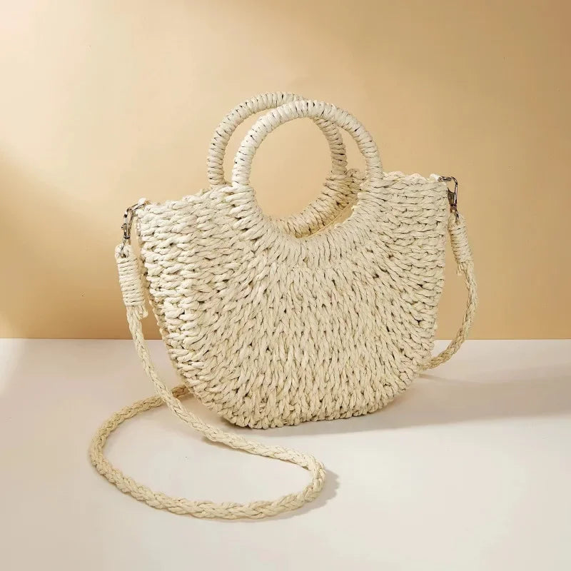 Straw Rattan Half-Moon Beach Handbag - Piña Colada