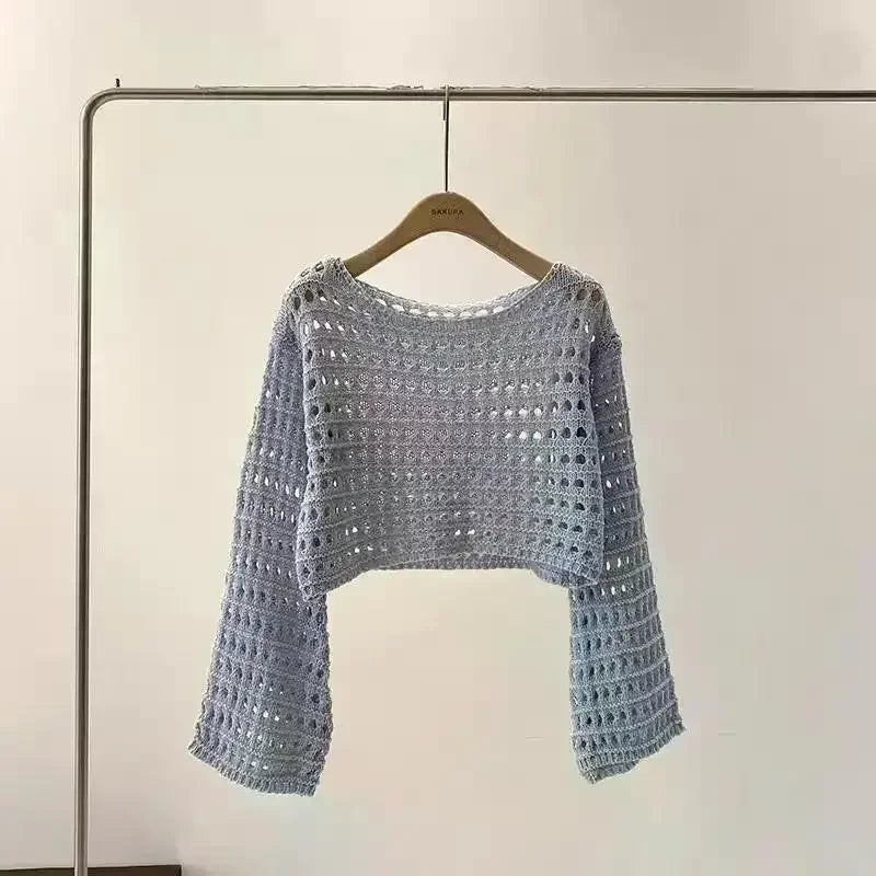 Boho Crochet Hollow-Out Knit Top – Y2K Style Long Sleeve Pullover - Piña Colada