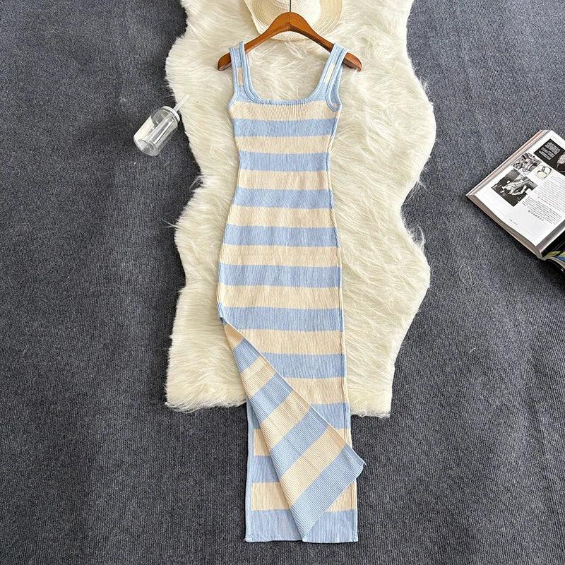 Stripe Summer Elastic Split Bodycon Dress - Piña Colada