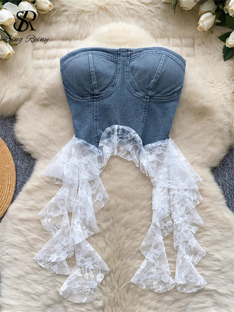 Sweet Lace Denim Tank Top – Summer Vintage Vibes - Piña Colada