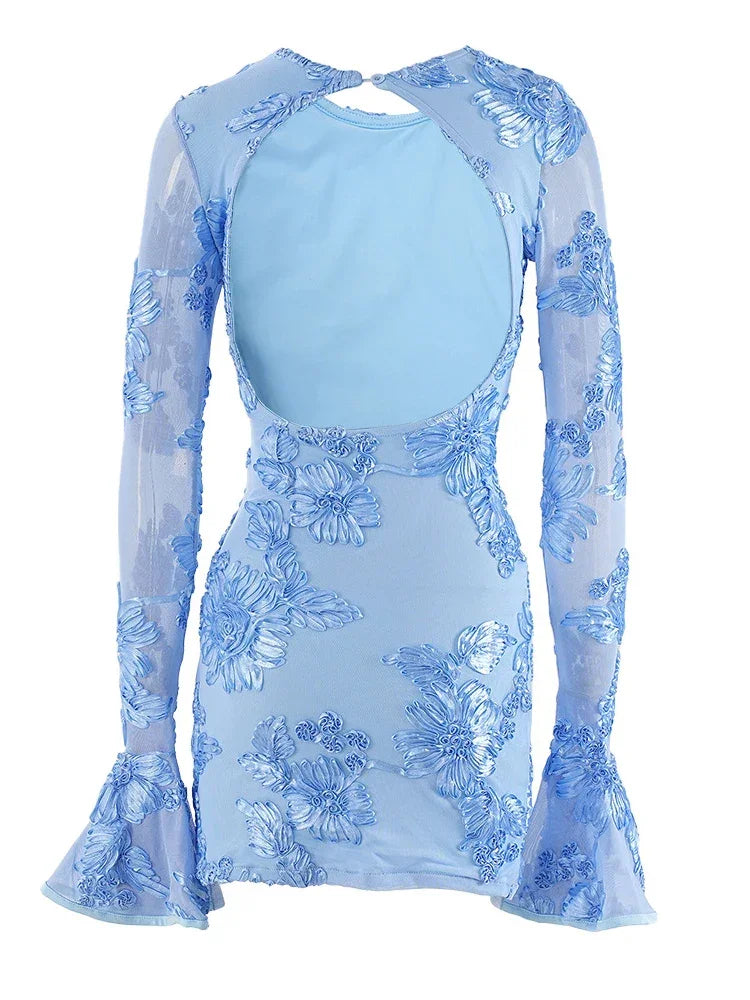 Glam Backless Floral Mesh Short Dress - Piña Colada