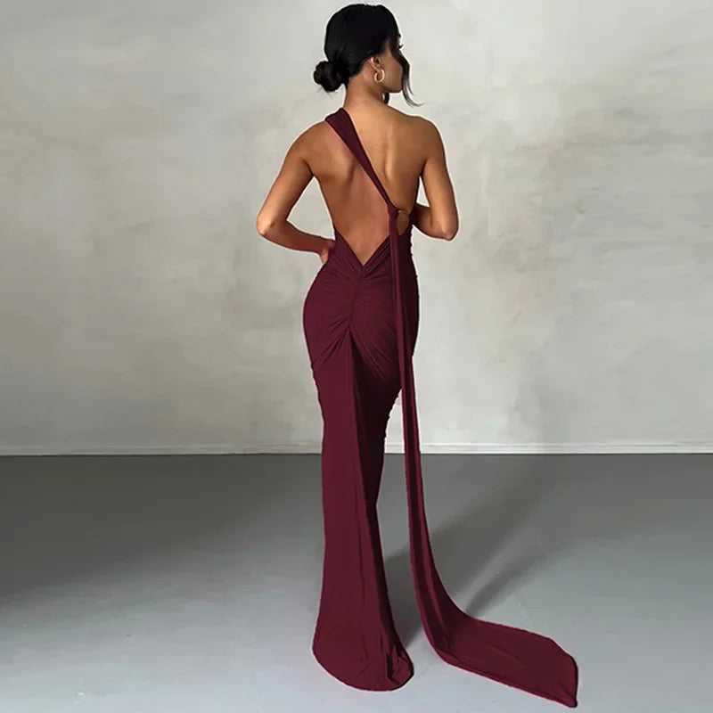 One Shoulder Backless Adjustable Scarf Maxi Dress - Piña Colada