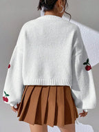 Embroidered Cherry Knit Cardigan - Piña Colada