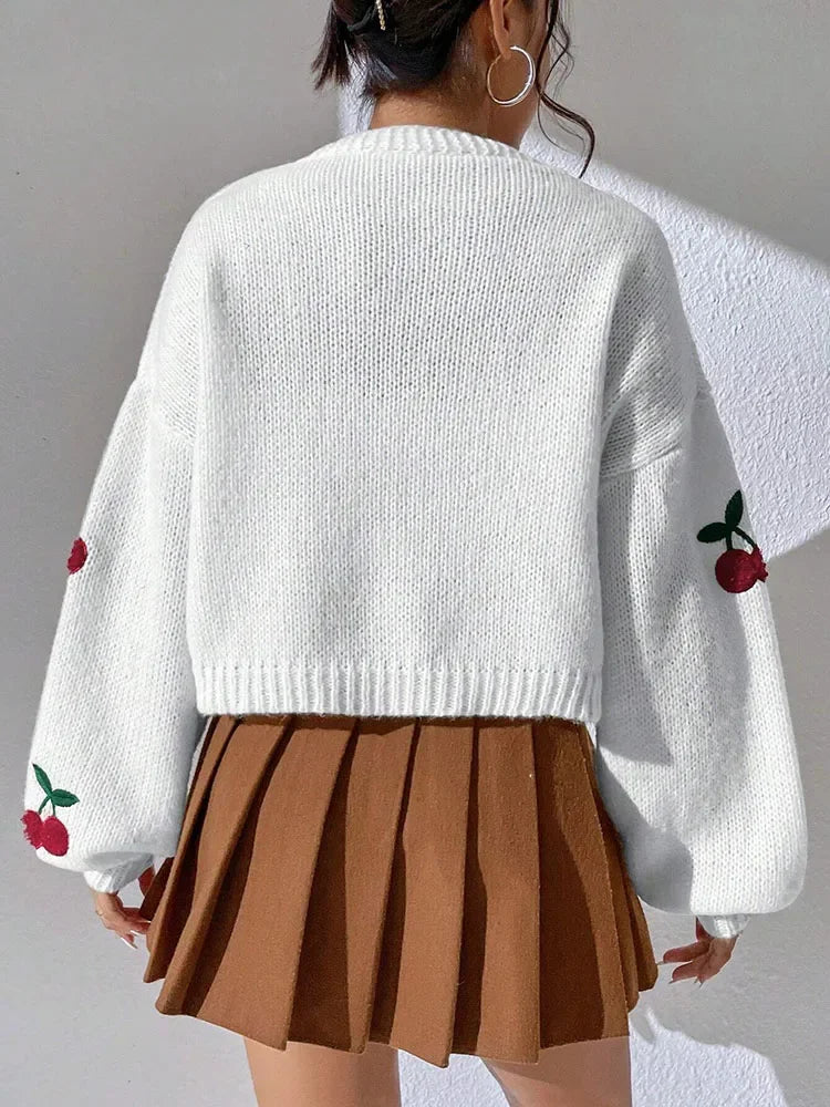 Embroidered Cherry Knit Cardigan - Piña Colada