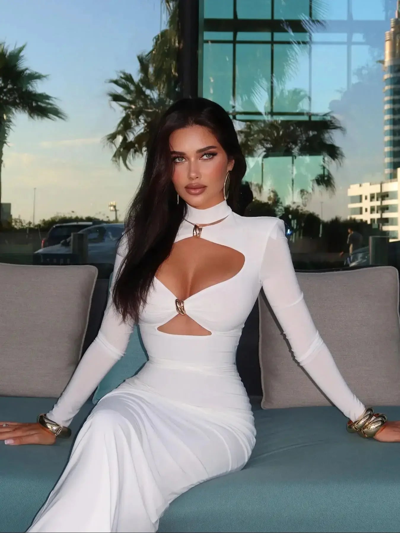 Turtleneck Straight-Fit Mesh Maxi Dress - Piña Colada