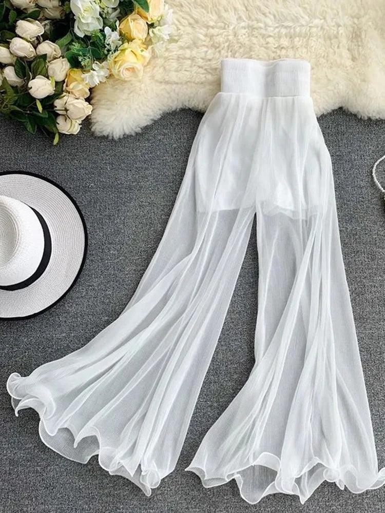 Light Chiffon Flowy Flare Pants – High Waist Summer Casual - Piña Colada