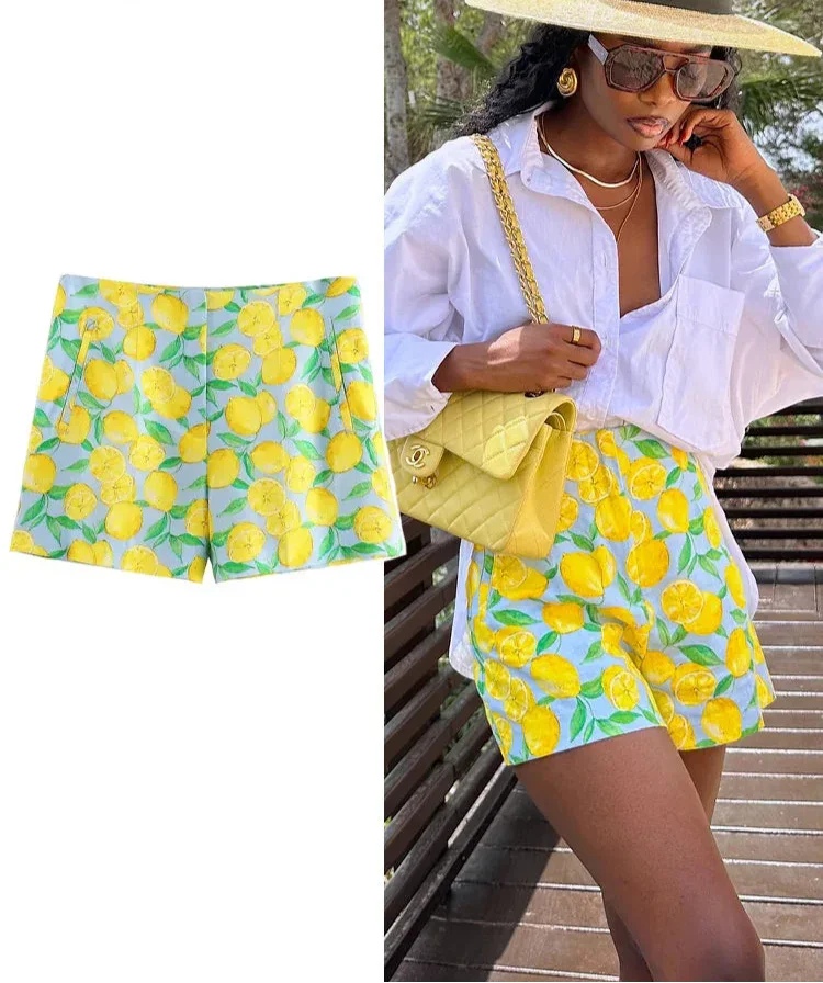 Yellow Lemon Print Casual Shorts - Piña Colada
