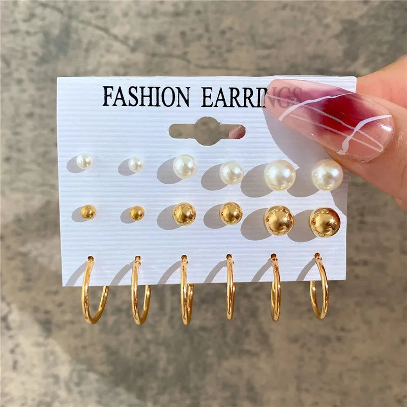 Modyle Geometric Pearl Hoop Earrings Set - Piña Colada