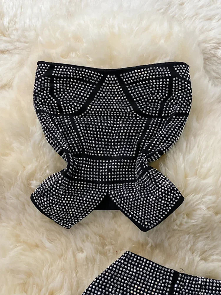 Rhinestone Slash Neck Crop Top & High Waist Pants Set - Piña Colada