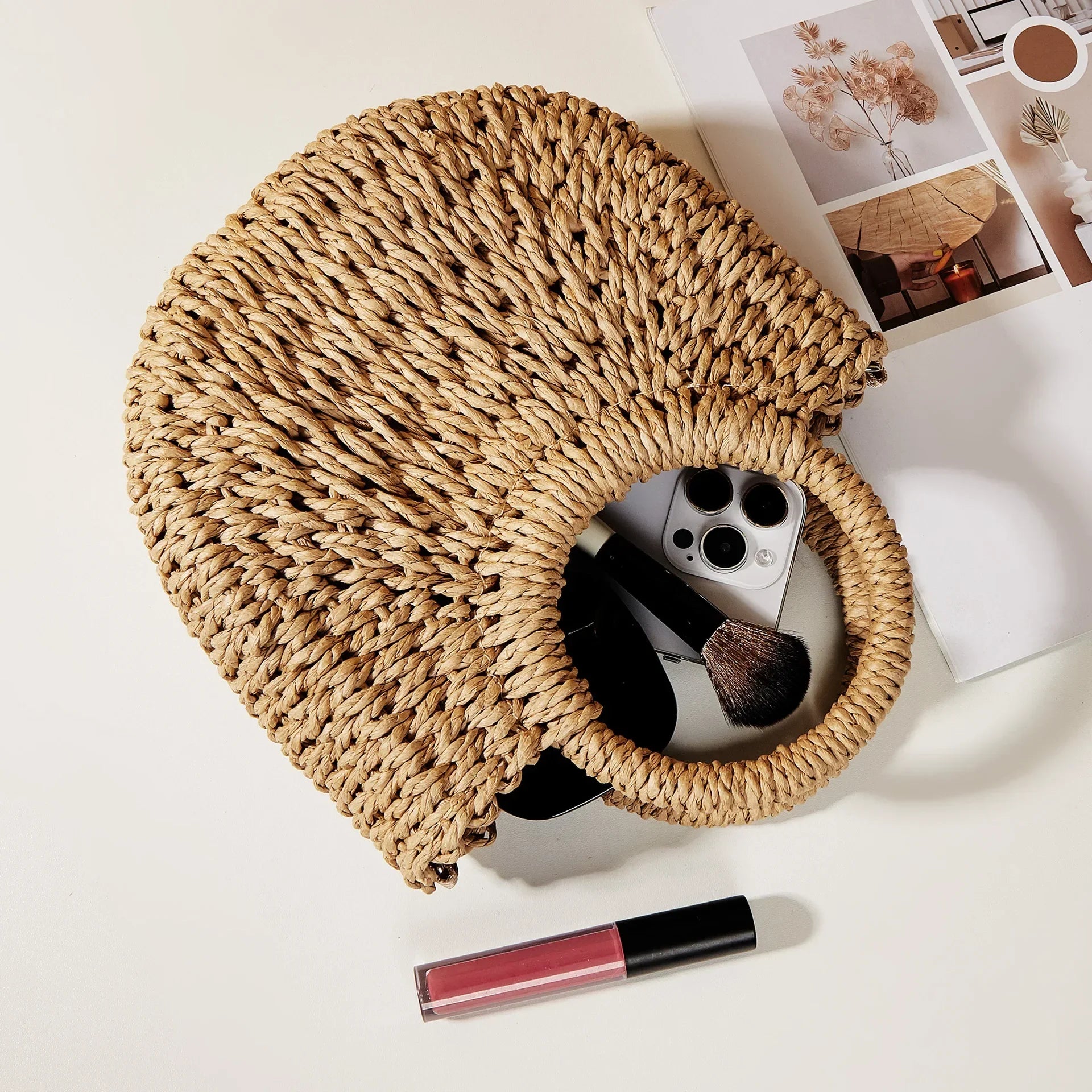 Straw Rattan Half-Moon Beach Handbag - Piña Colada