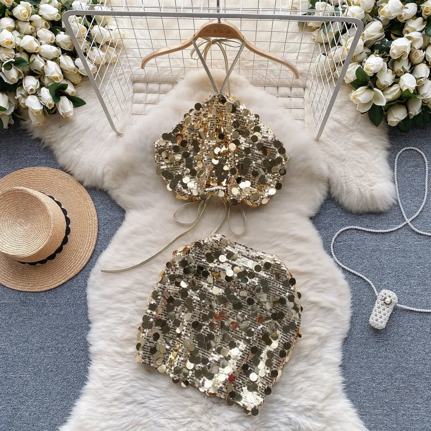 Sequin Top And Skirt Set Sparkly - Piña Colada