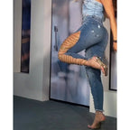 High Street Hollow Out Skinny Jeans with Metal Details - Piña Colada
