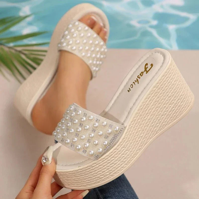 Boho Beaded Platform Wedge Slippers - Piña Colada