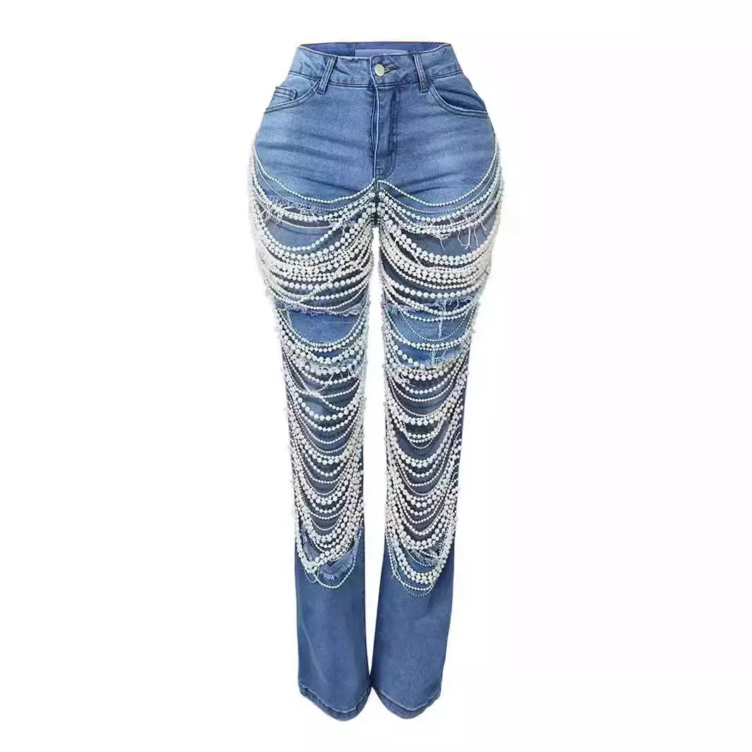 Beaded Tassel Straight Leg Jeans - Piña Colada