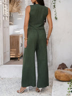 Summer V-Neck Button Crop Top & Wide-Leg Pants Set - Piña Colada