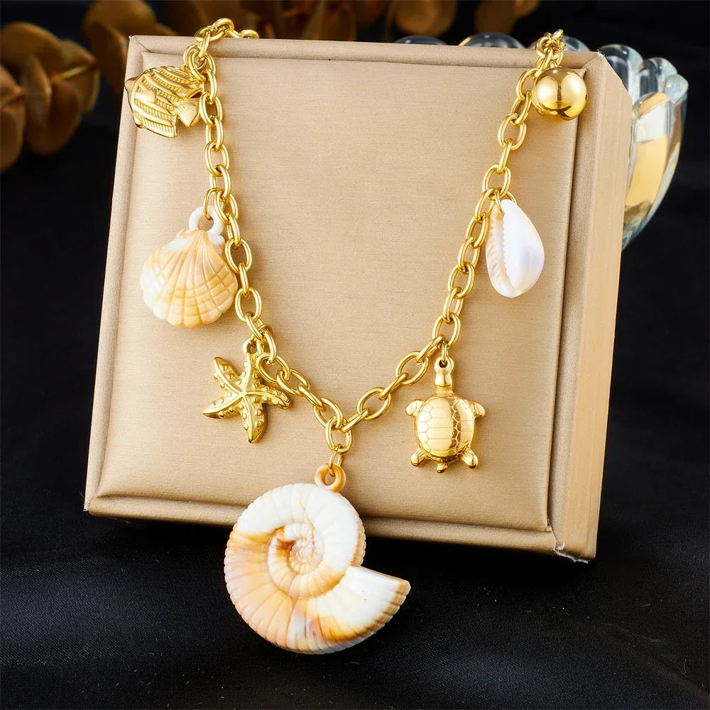 Shell Starfish Turtle Pendant - Piña Colada