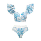 Printed Mesh Contrast Bikini Set with Removable Padding - Piña Colada