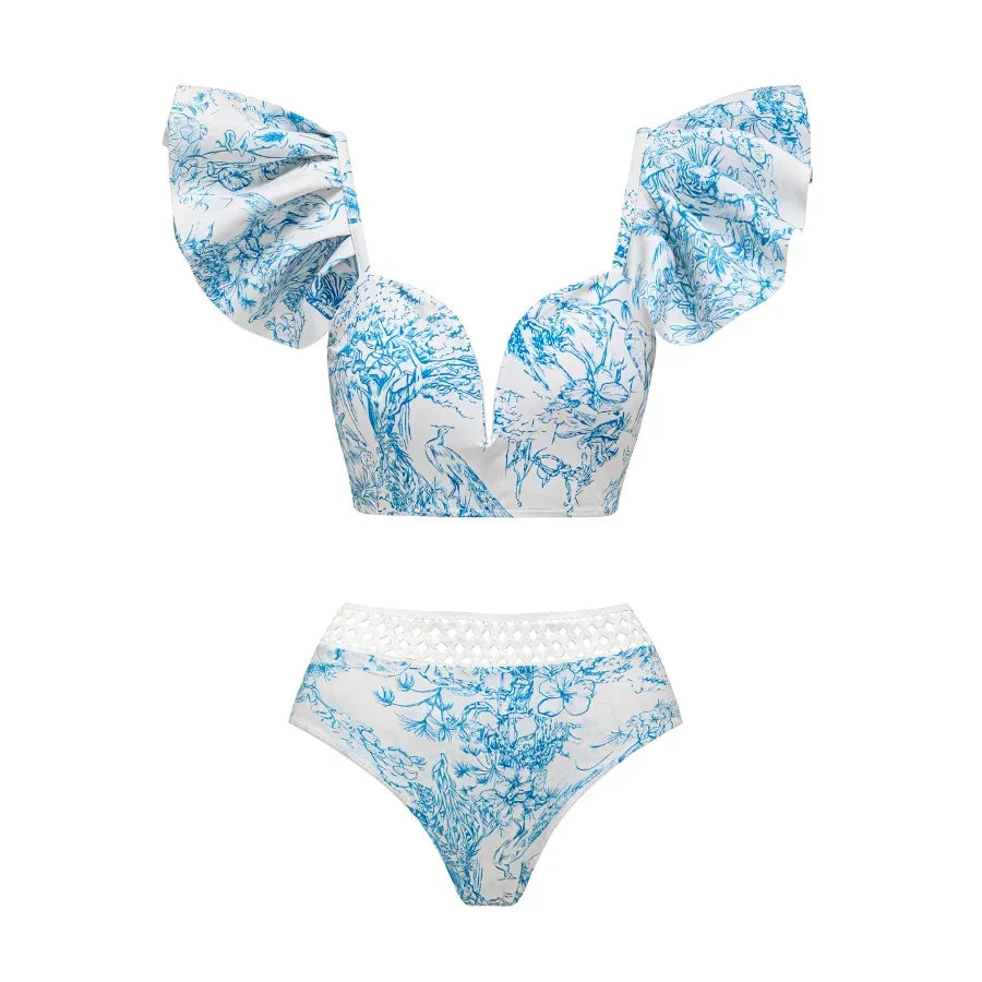 Printed Mesh Contrast Bikini Set with Removable Padding - Piña Colada