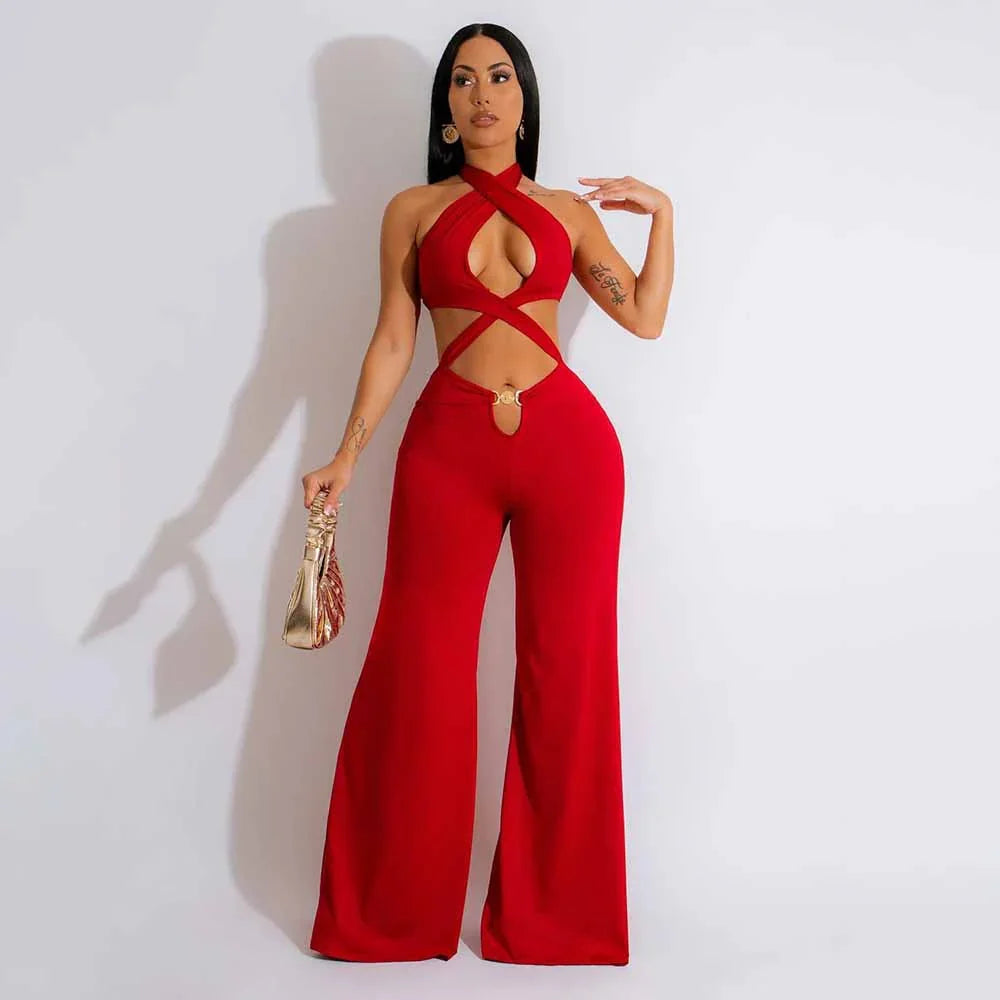 Crisscross Halter Wide-Leg Jumpsuit - Piña Colada