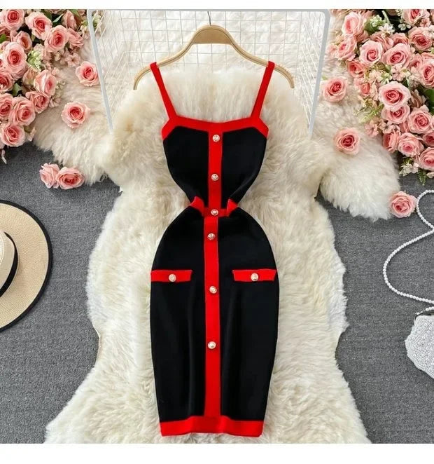 Patchwork Knit Mini Dress – Spaghetti Strap Streetwear - Piña Colada