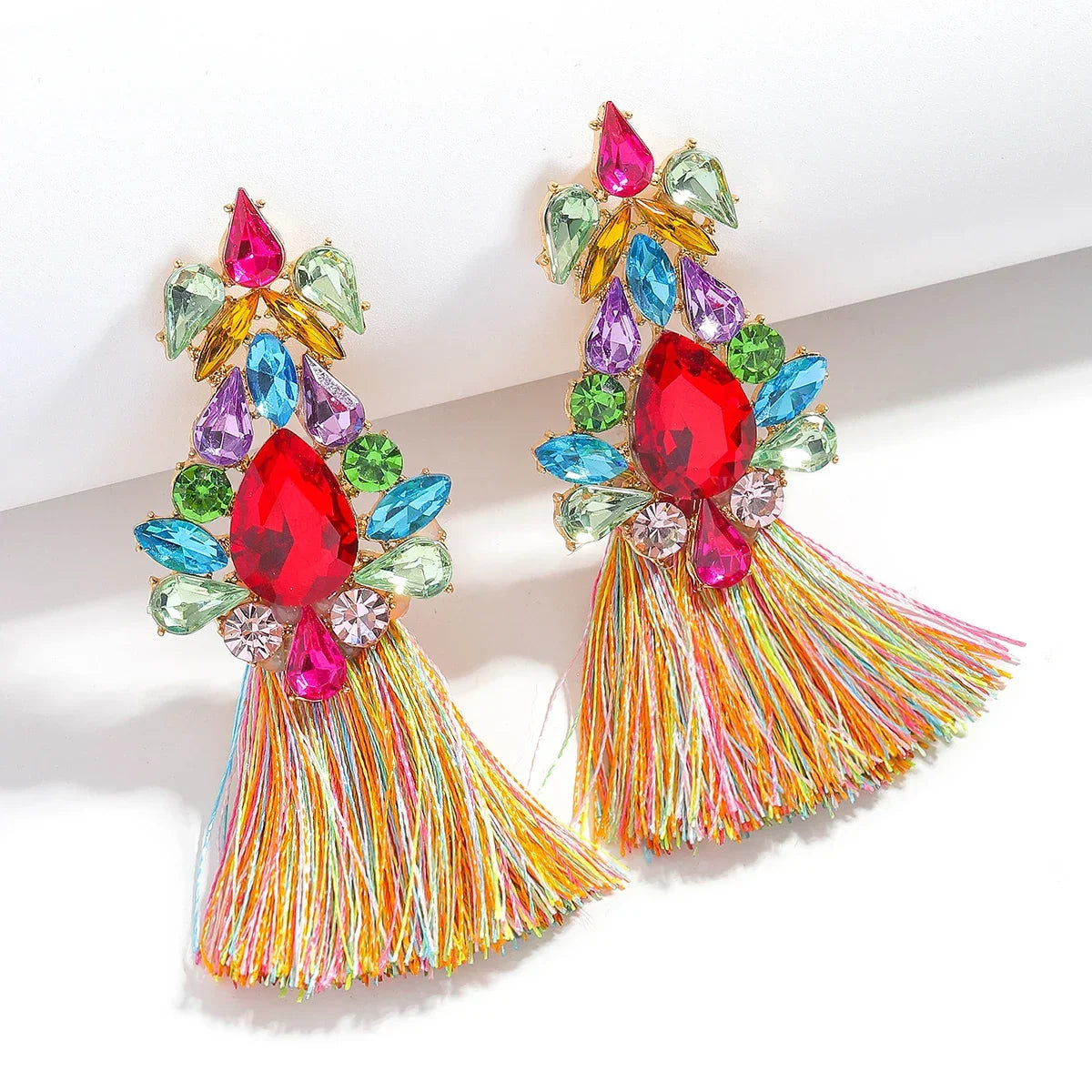 Boho Rhinestone Leaf Tassel Earrings – Statement Dangle Earrings for Women - Piña Colada