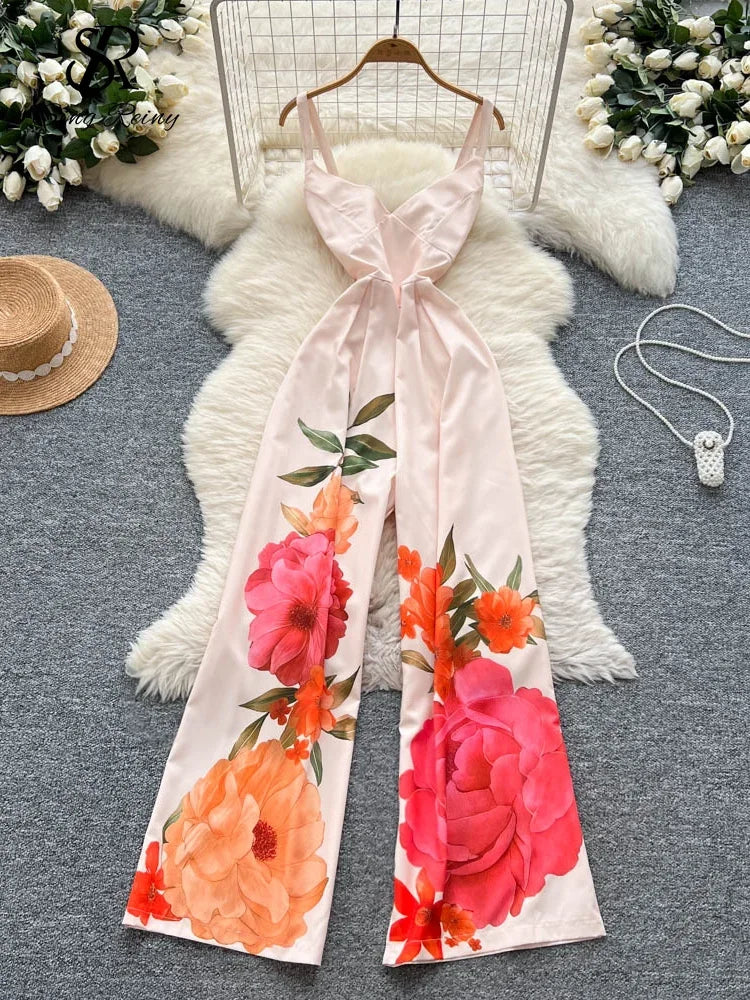 Vintage Printed Jumpsuit for Women – Full-Length Summer Romper with Mid Waist - Piña Colada