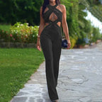 Backless Hollow Out Jumpsuit – Sleeveless Flare-Leg Romper with Fitted Waist - Piña Colada