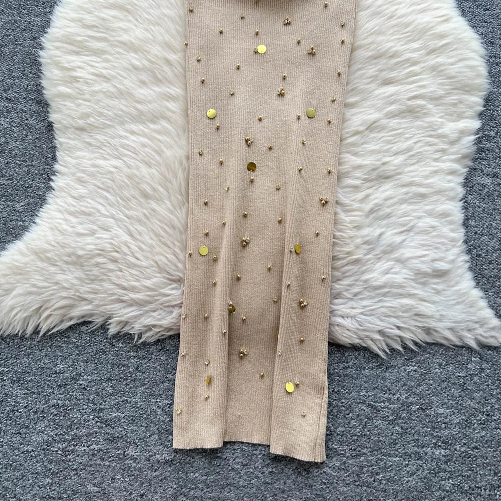 Sexy Knitting Split Long Dress Sleeveless - Piña Colada