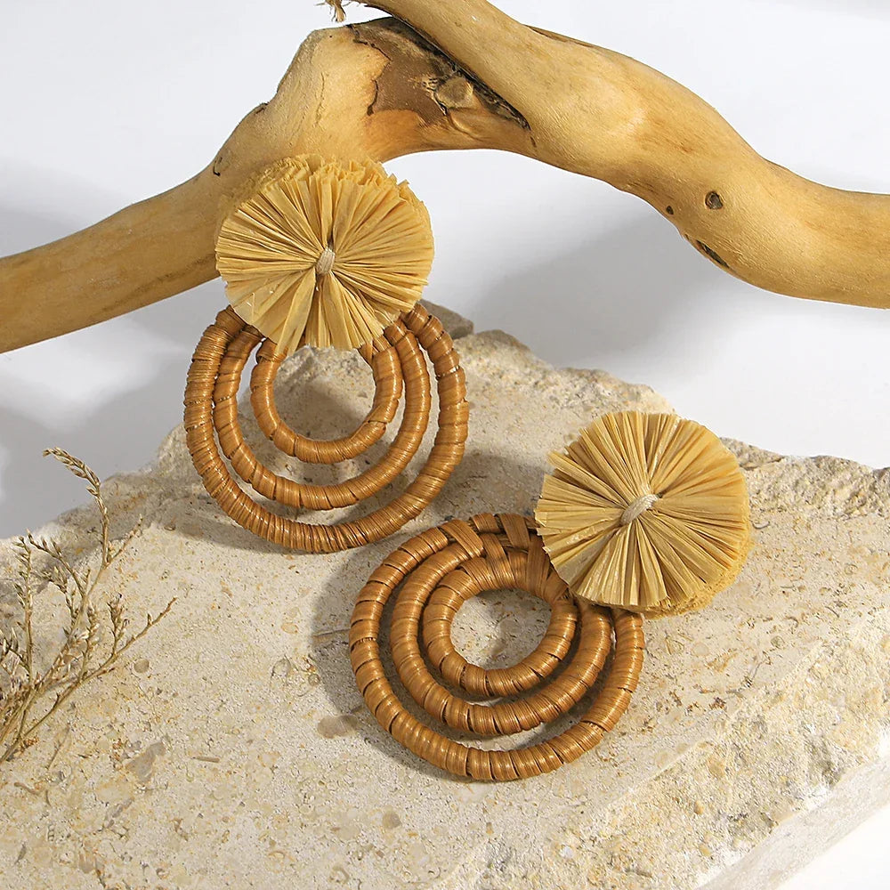Handmade Two Tone Rattan Knit Wrapped Round Drop Earrings for Women - Piña Colada