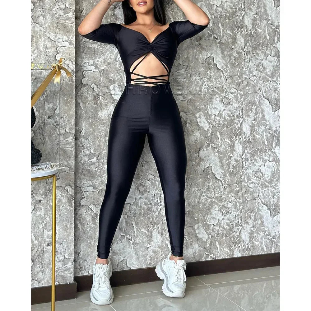 Hollow Out Long Sleeve Jumpsuit - Piña Colada