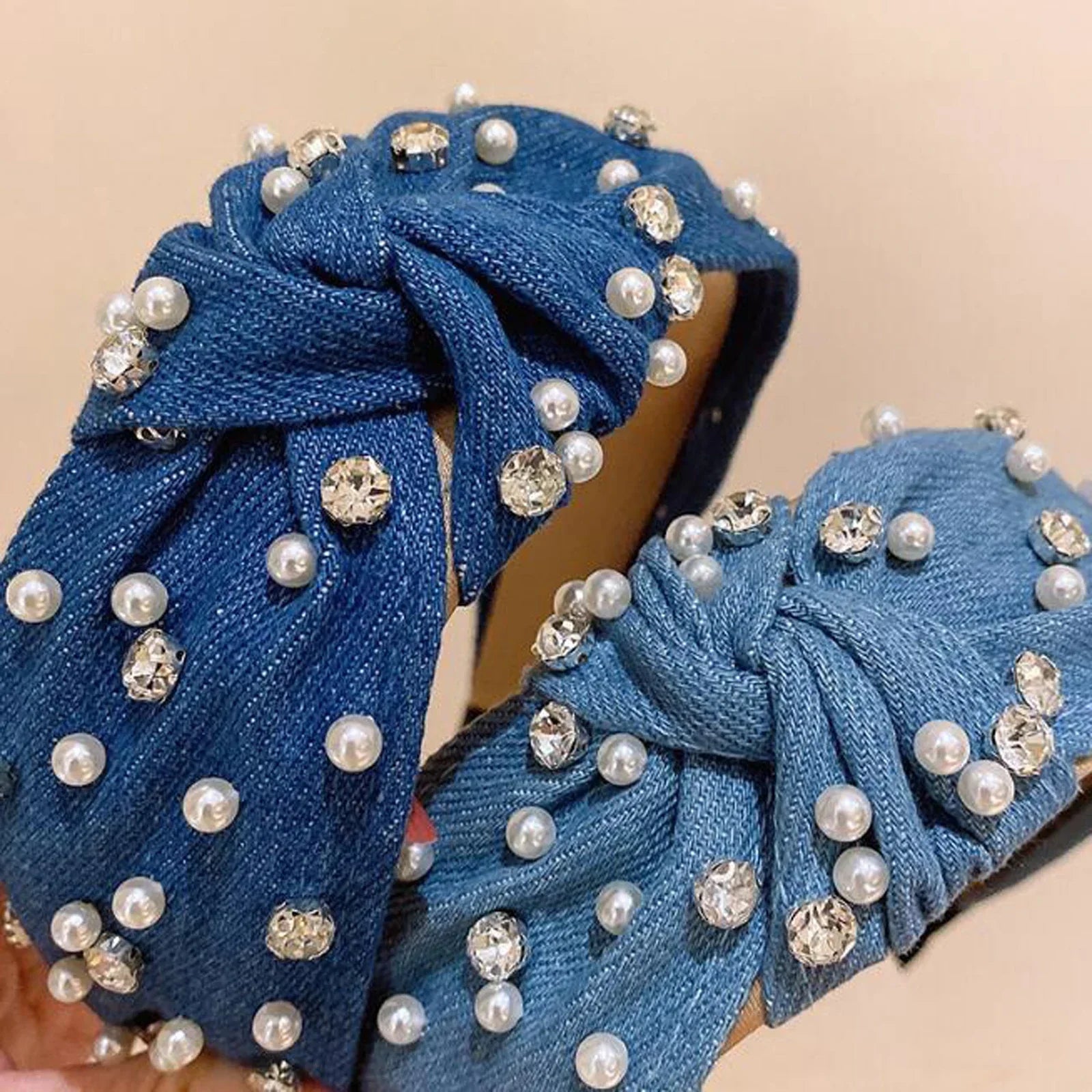 Wide Blue Denim Cross Knotted Headband - Piña Colada