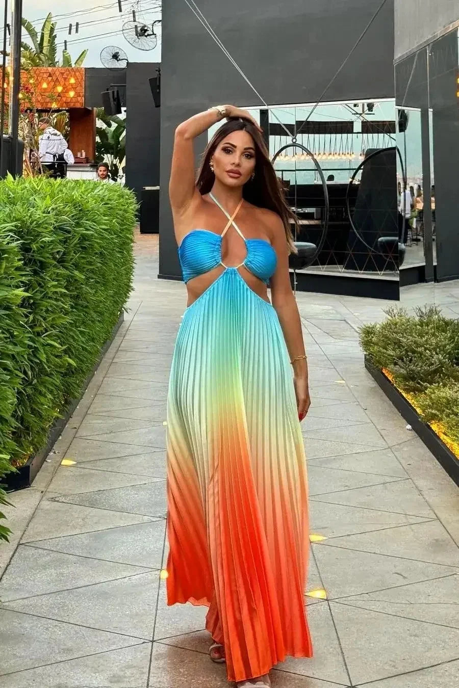Gradient Dopamine Neckline Sleeveless Dress - Piña Colada
