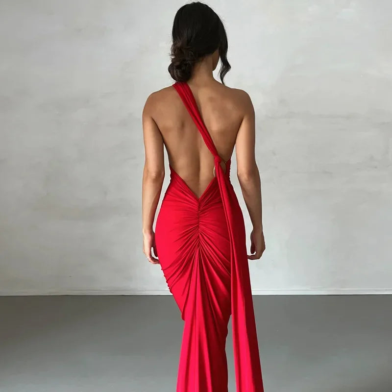 One Shoulder Backless Adjustable Scarf Maxi Dress - Piña Colada