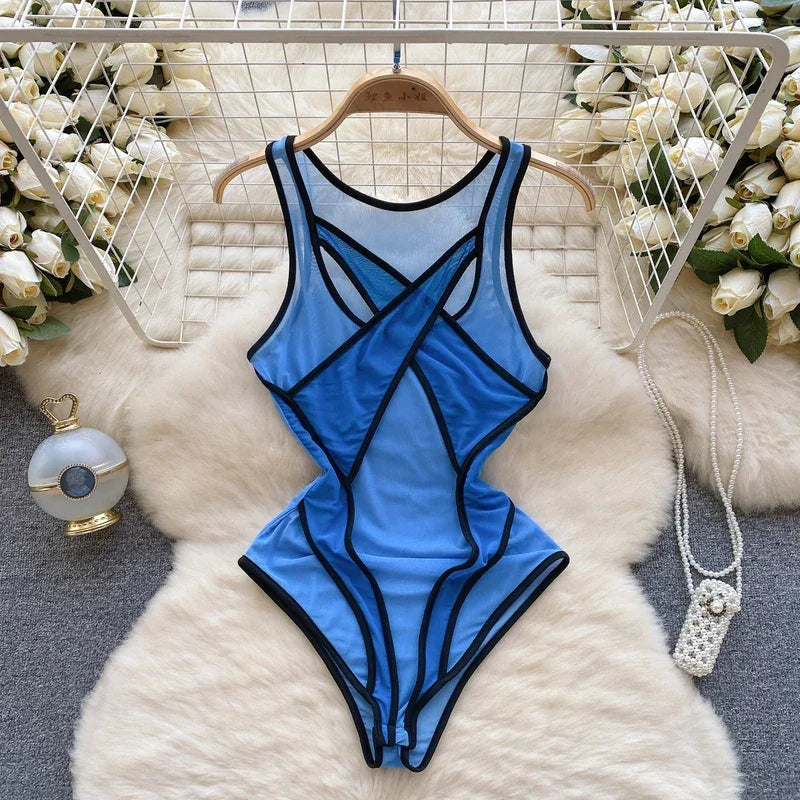 Mesh Hollow Out Long Sleeve Bodysuit - Piña Colada